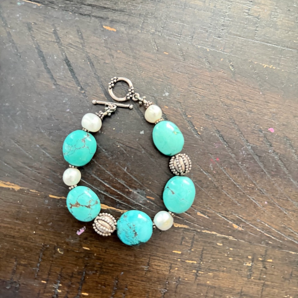 Turquoise Bead and Pearl Bracelet with Silver Accents - Women Jewelry